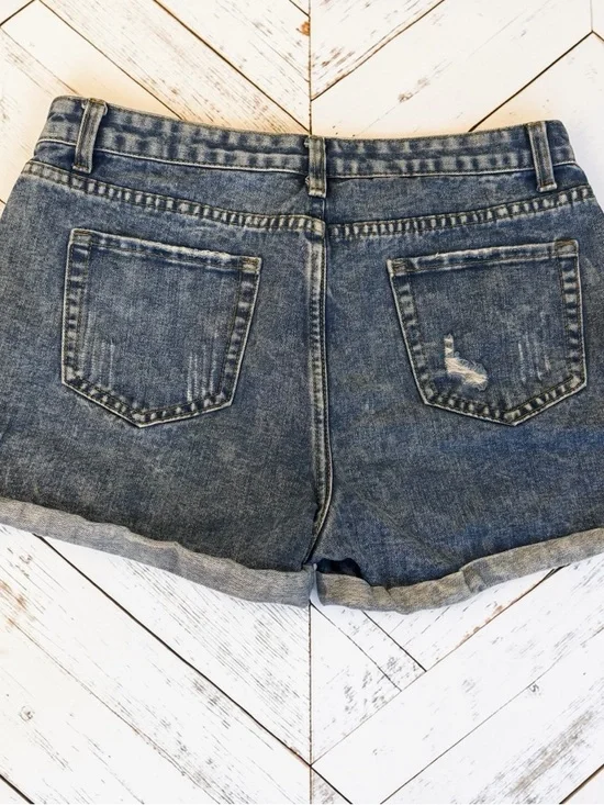 SHEIN Distressed Denim Shorts High Rise Cutoff Cuffed Blue L - Picture 2 of 5